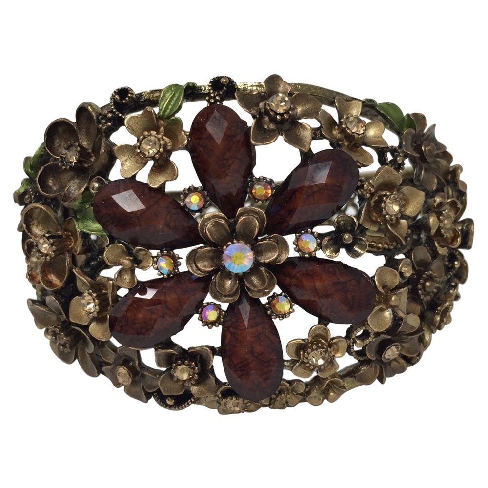 Chunky Brown Tones Painted Flower Vintage Look Statement Hinged Bangle Bracelet